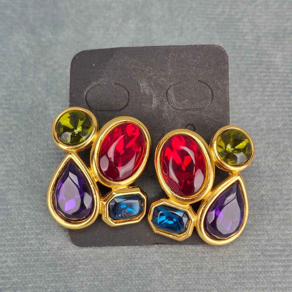 Trifari TM Gold Tone VIntage Multicolor/Shape Facet Lucite Pierced Earrings